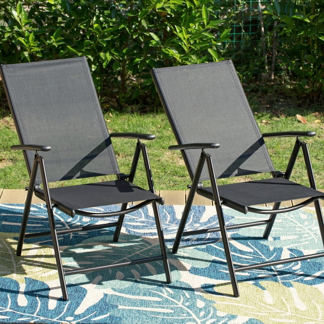 MF Studio 2-Piece Aluminum Outdoor Patio Folding Chairs with Textilene Seat, Black