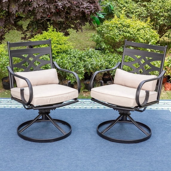 SUMMIT LIVING 2-Piece Metal Outdoor Patio Dining 360° Swivel Chairs with Seat Cushion & Back Cushion, Black & Beige