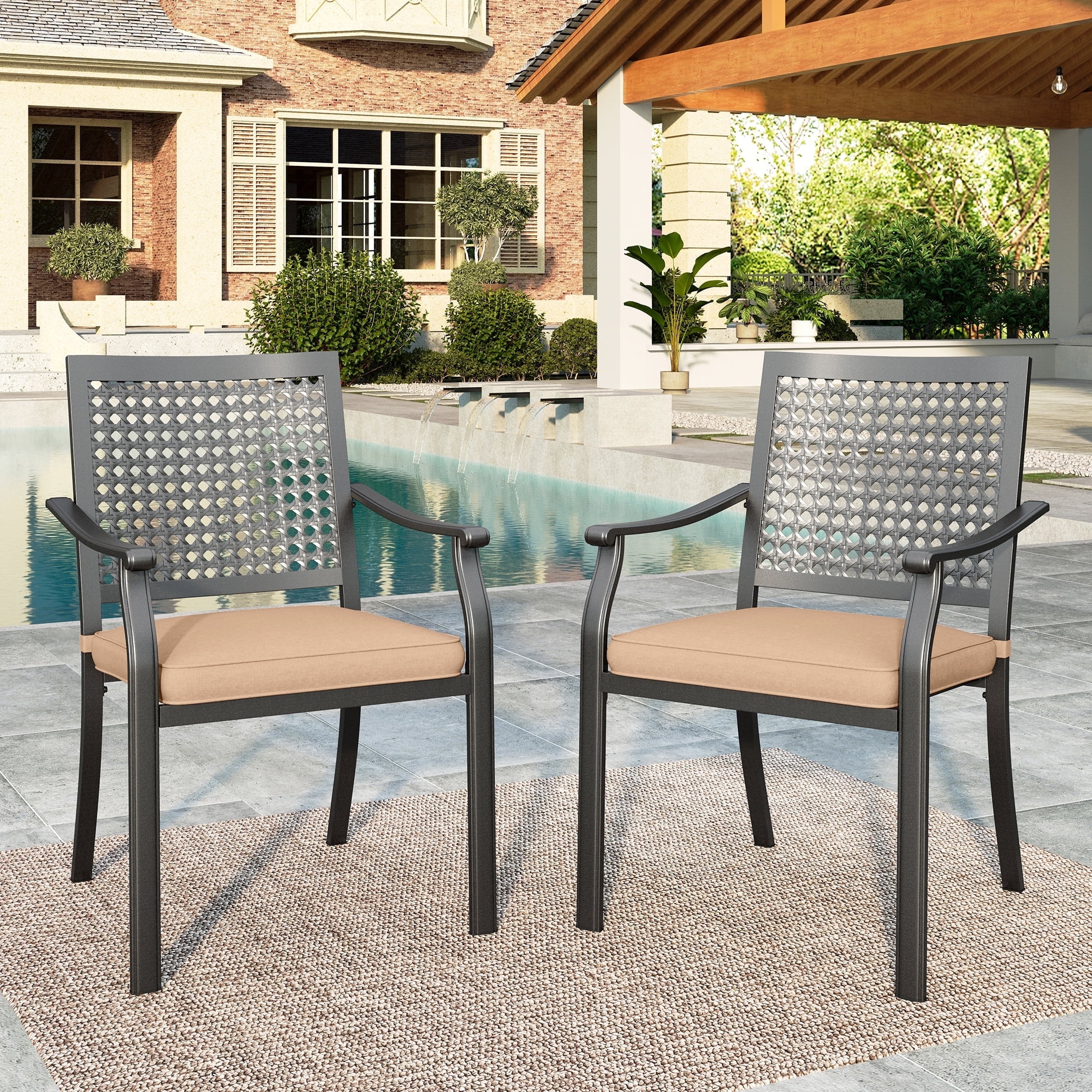 SUMMIT LIVING 2-Piece Outdoor Patio Dining Chairs, XL Metal Stackable Armchairs (Weight Capacity 350 lbs) Suitable for Garden, Porch and Yard, Black & Brown
