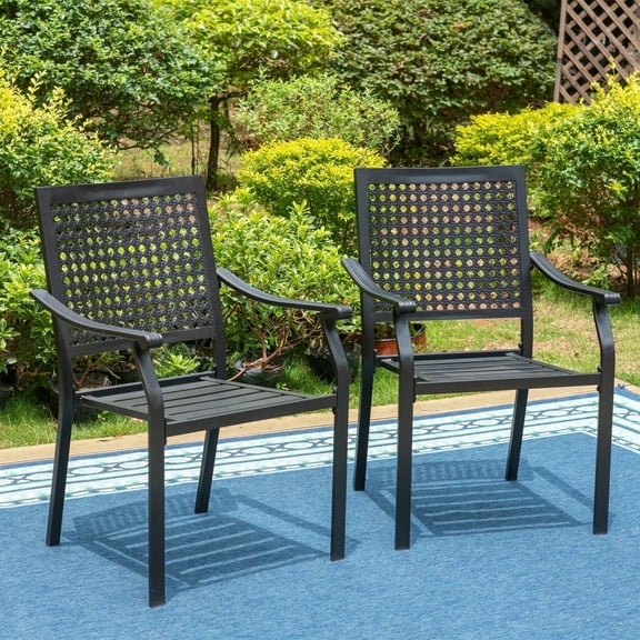 Summit Living 2-Piece Outdoor Patio Dining Chairs, XL Metal Stackable Armchairs (Weight Capacity 350 lbs) Suitable for Garden, Porch and Yard, Black