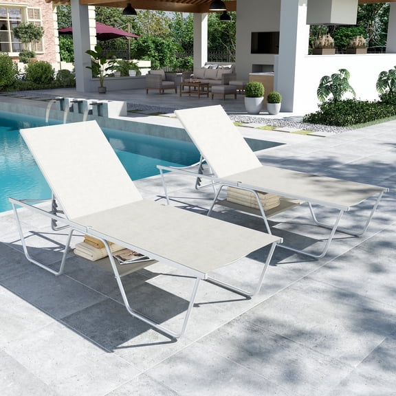 SUMMIT LIVING 2-Piece Oversized Outdoor Sling Chaise Lounge with 5-Level Adjustable Backrest & Storage Space, Patio Reclining Chair Set of 2, Elegant Gray