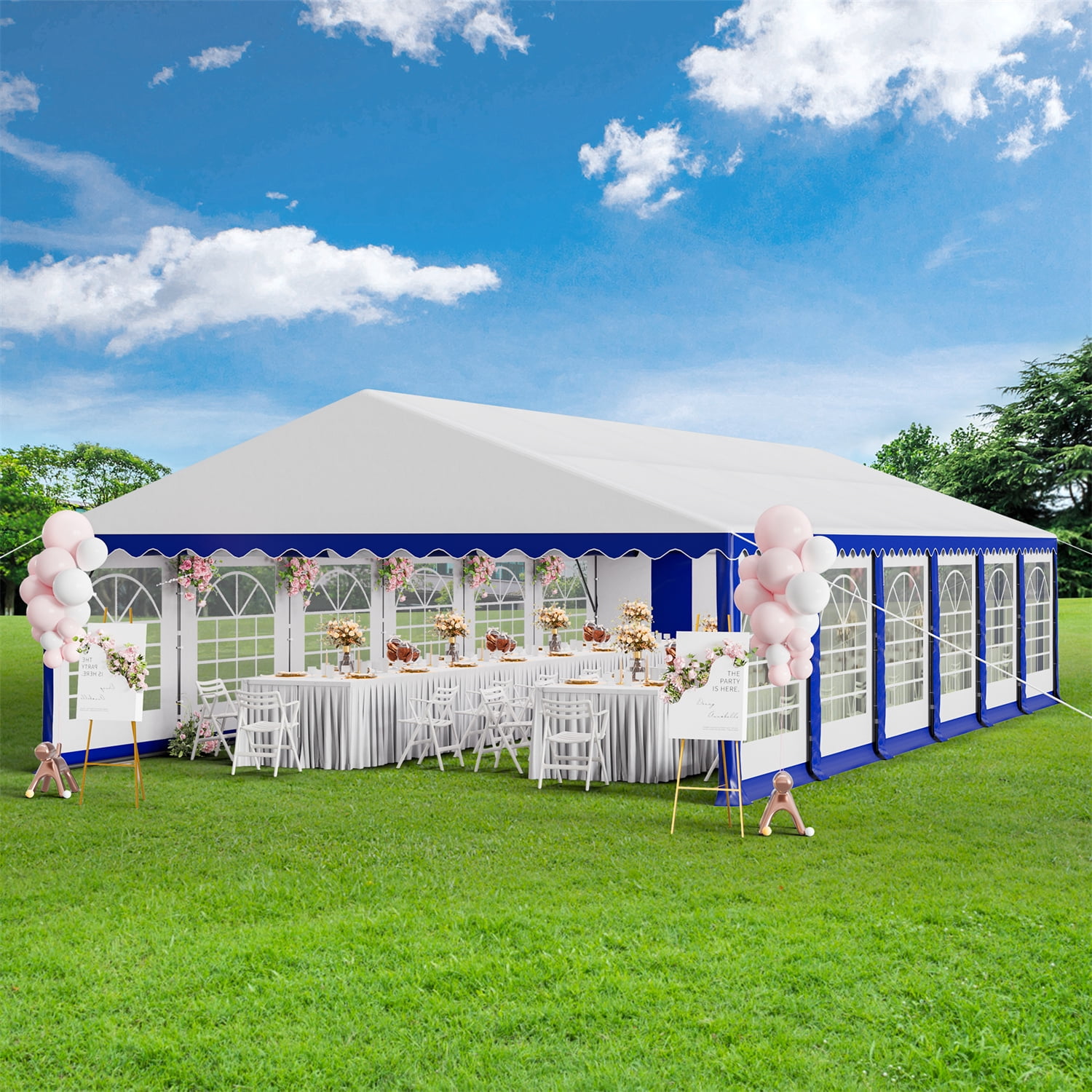 Summit Living 20'X40' Party Tent Outdoor Patio Event Shelter Canopy with 12 Removable Sidewalls, White and Blue Summit Living 20'X40' Party Tent Outdoor Patio Event Shelter Canopy with 12 Removable Sidewalls, White and Blue