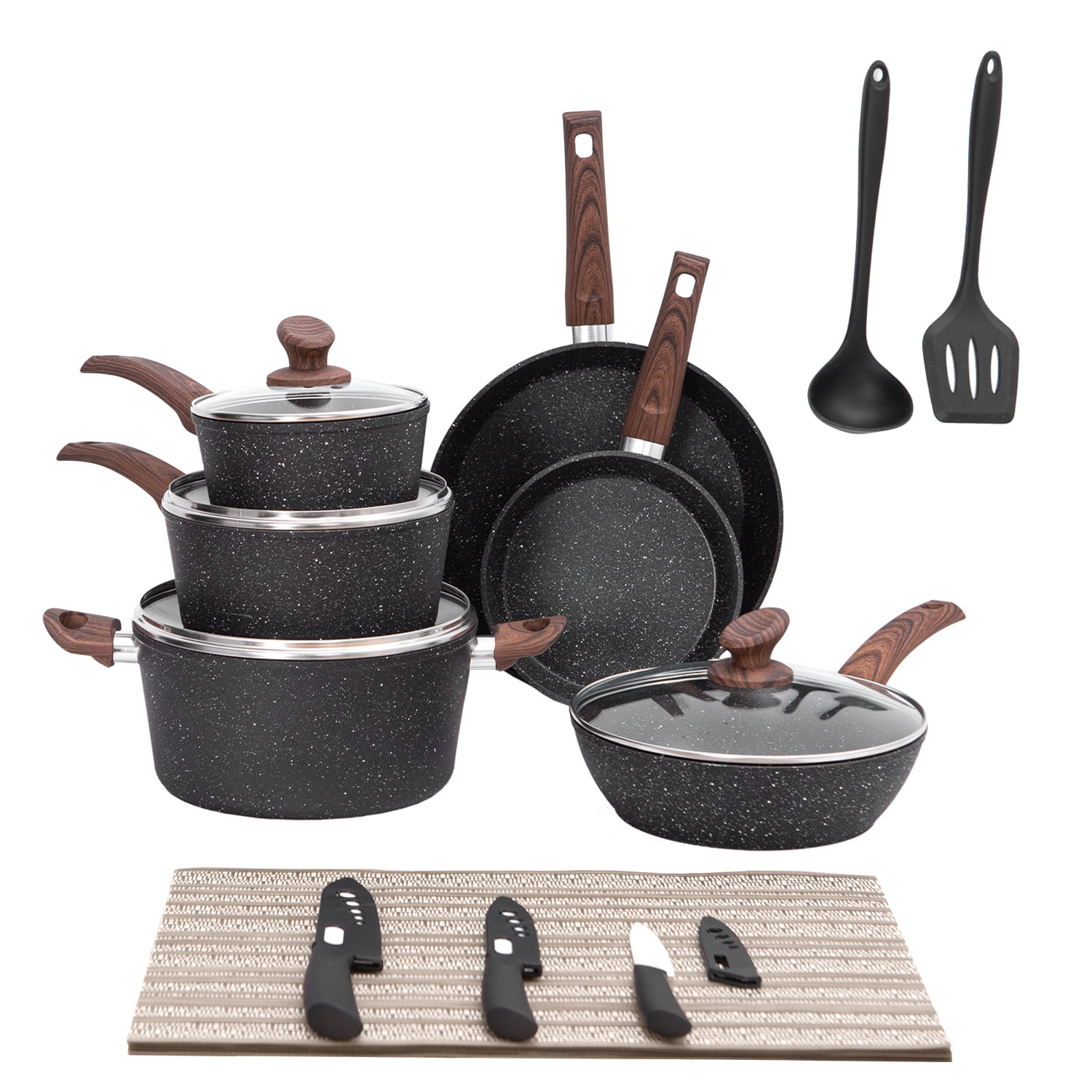 MF Studio 15 Pieces Cookware Set Granite Nonstick Pots and Pans Dishwasher  Safe Black