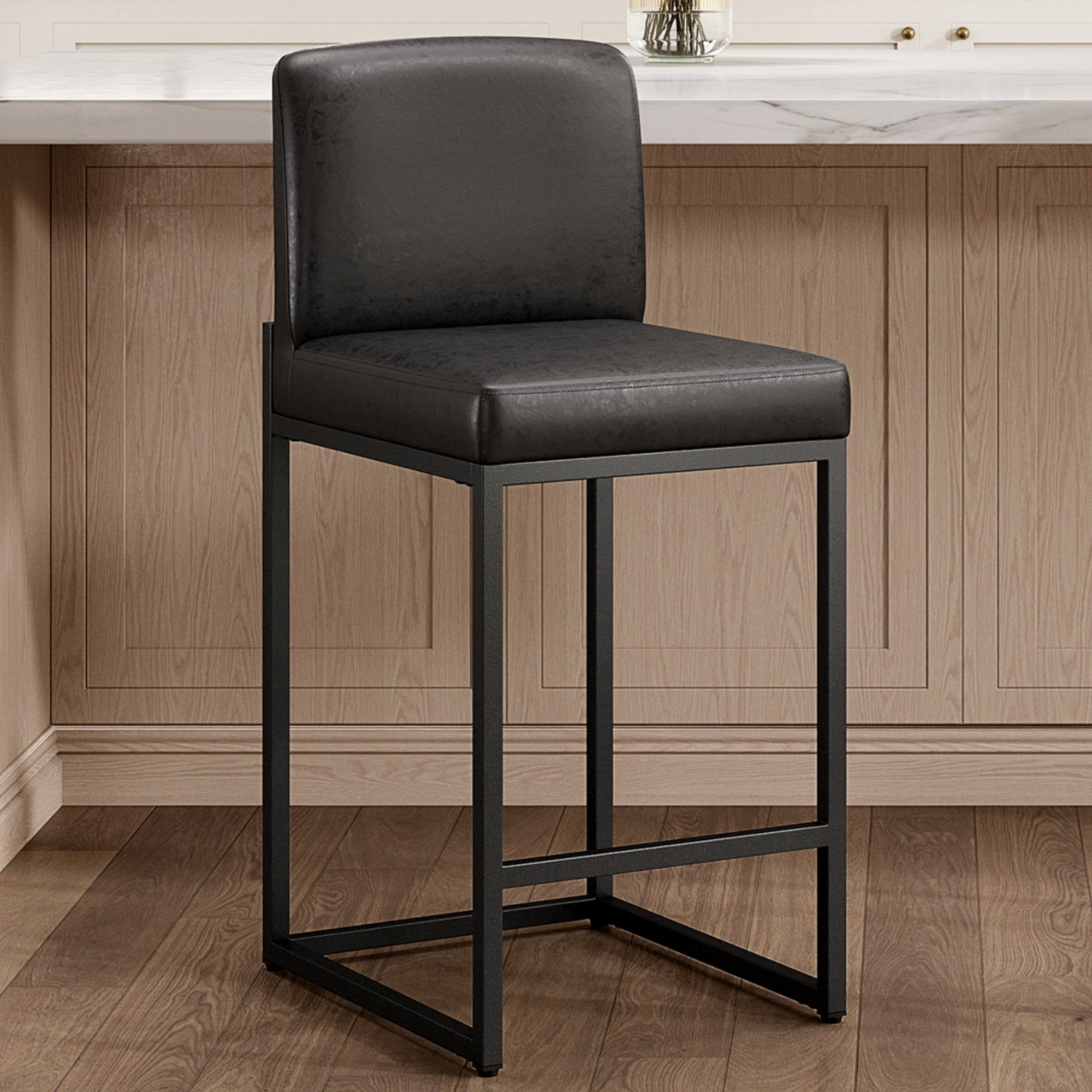 MF Studio 24" Bar Stool with Back, 3.5" Thick Upholstery PU Leather Counter Height Bar Stool for Kitchen Island, Black