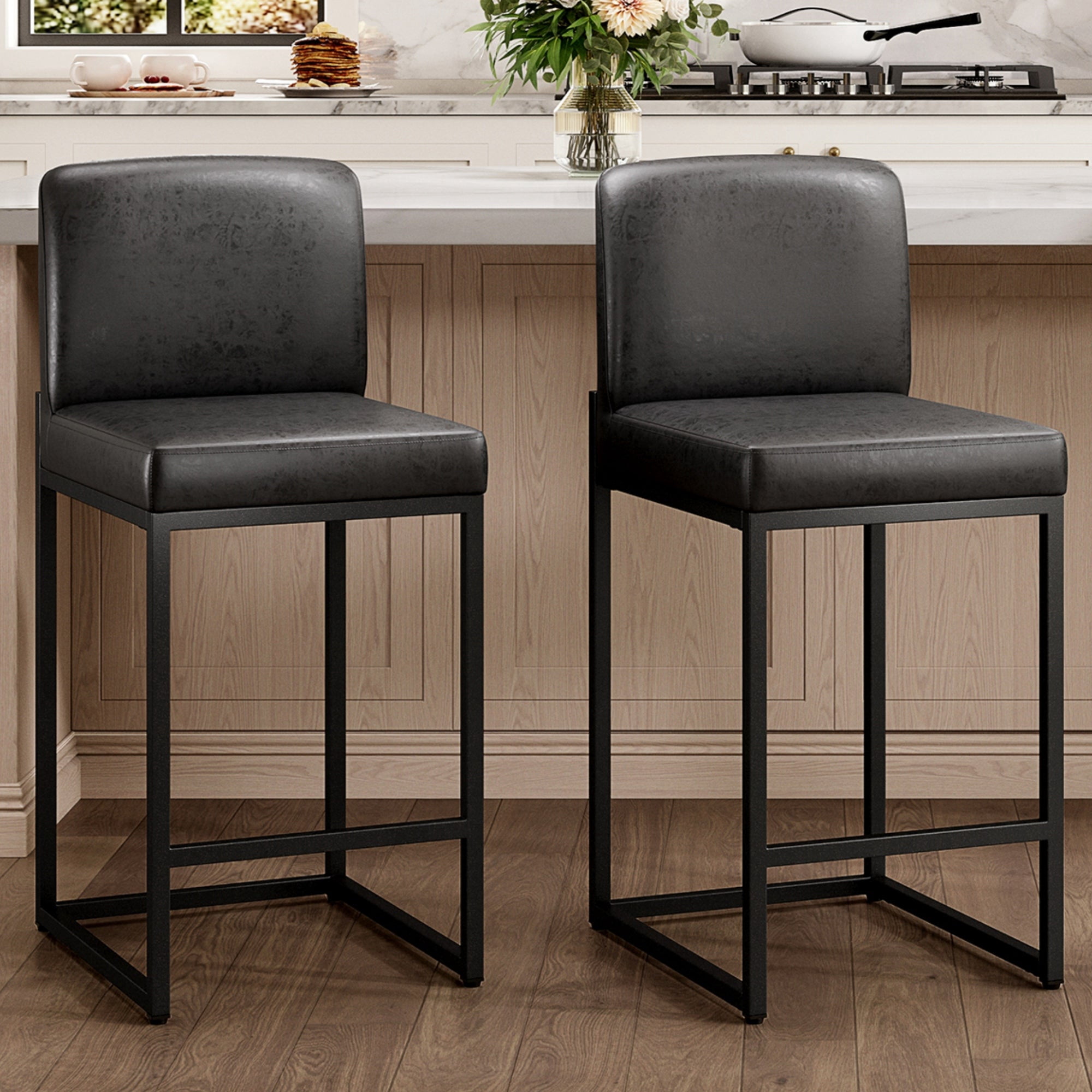 MF Studio 24" Bar Stool with Back Set of 2, 3.5" Thick Upholstery PU Leather Counter Height Bar Stool for Kitchen Island, Black