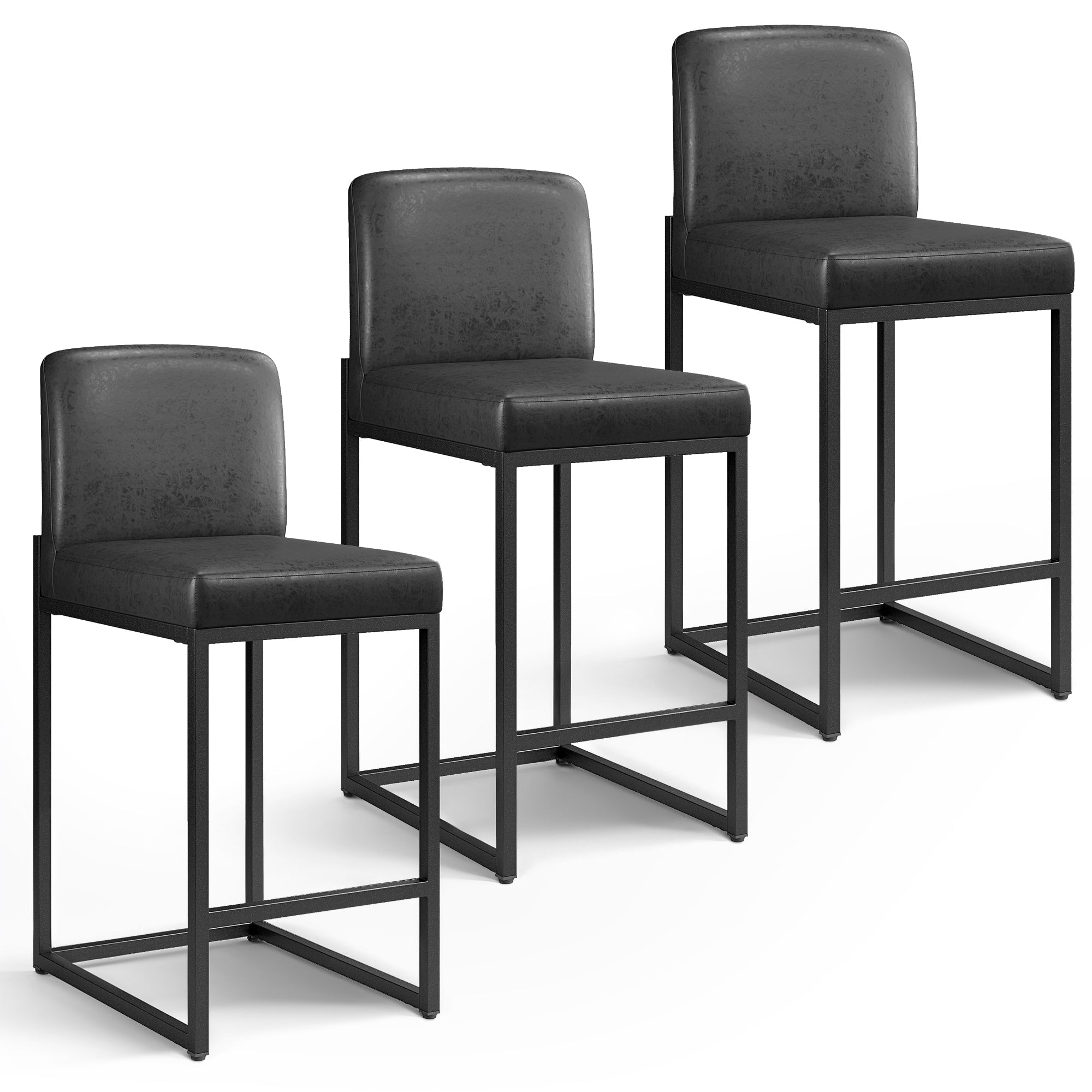 MF Studio 24" Bar Stool with Back Set of 3, 3.5" Thick Upholstery PU Leather Counter Height Bar Stool for Kitchen Island, Black