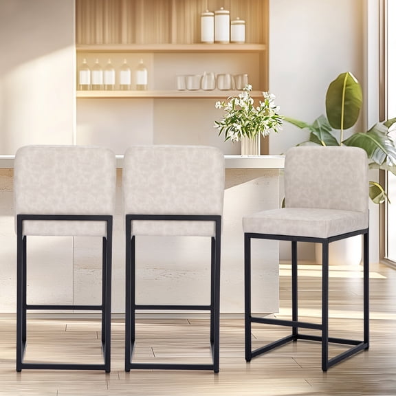 MF Studio 24" Bar Stool with Back Set of 3, PU Leather Counter Height Bar Stool with 3.5" Cushion for Kitchen Island, White