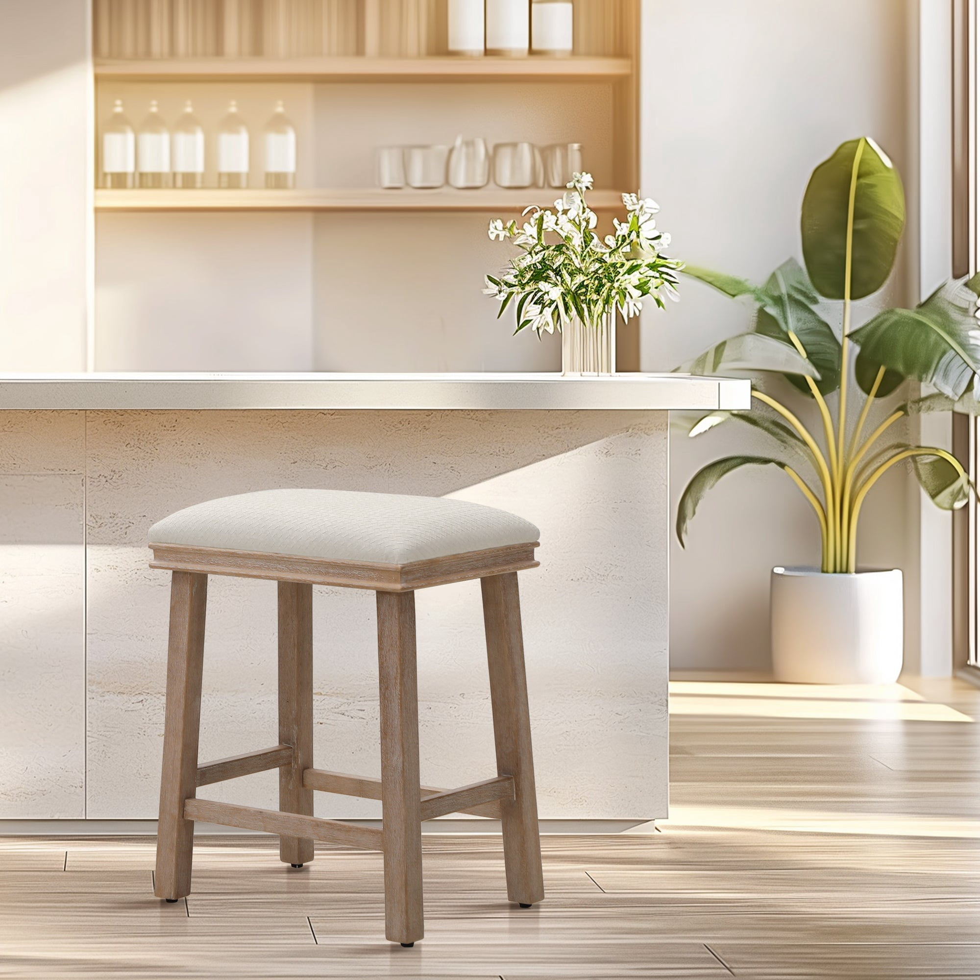 MF Studio 24" Counter Height Bar Stool, PU Leather Padded Seat with Solid Wood Legs, White
