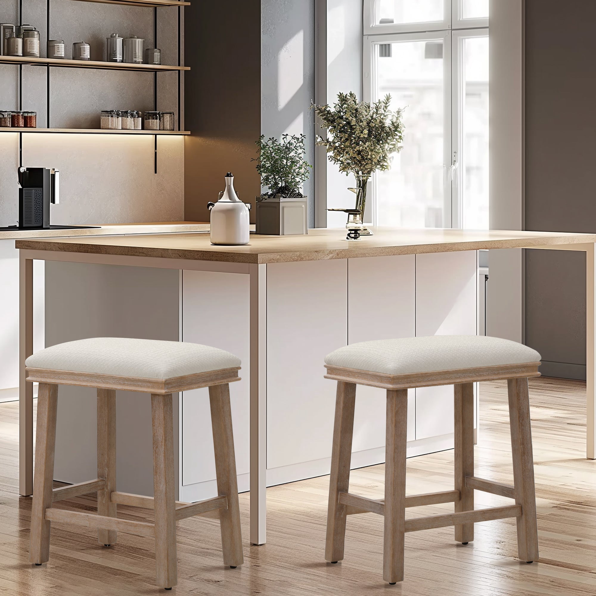 MF Studio 24" Counter Height Bar Stool Set of 2, PU Leather Padded Seat with Solid Wood Legs, White