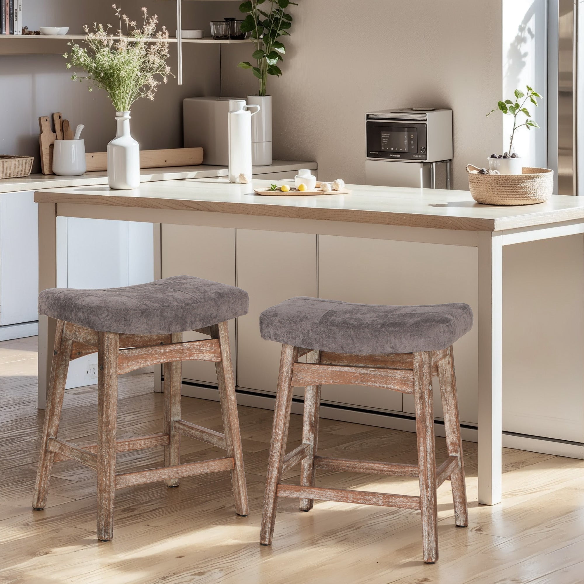 MF Studio 24" Counter Height Bar Stool Set of 2, Upholstered Saddle Seat with Solid Wood Legs, Gray