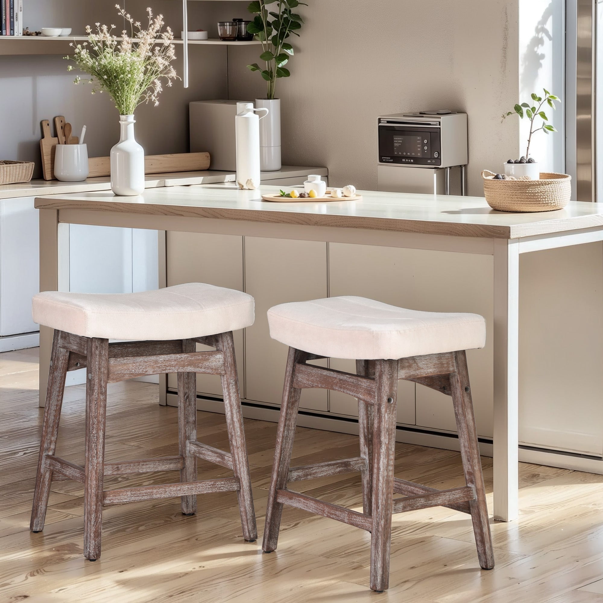 MF Studio 24" Counter Height Bar Stool Set of 2, Upholstered Saddle Seat with Solid Wood Legs, White