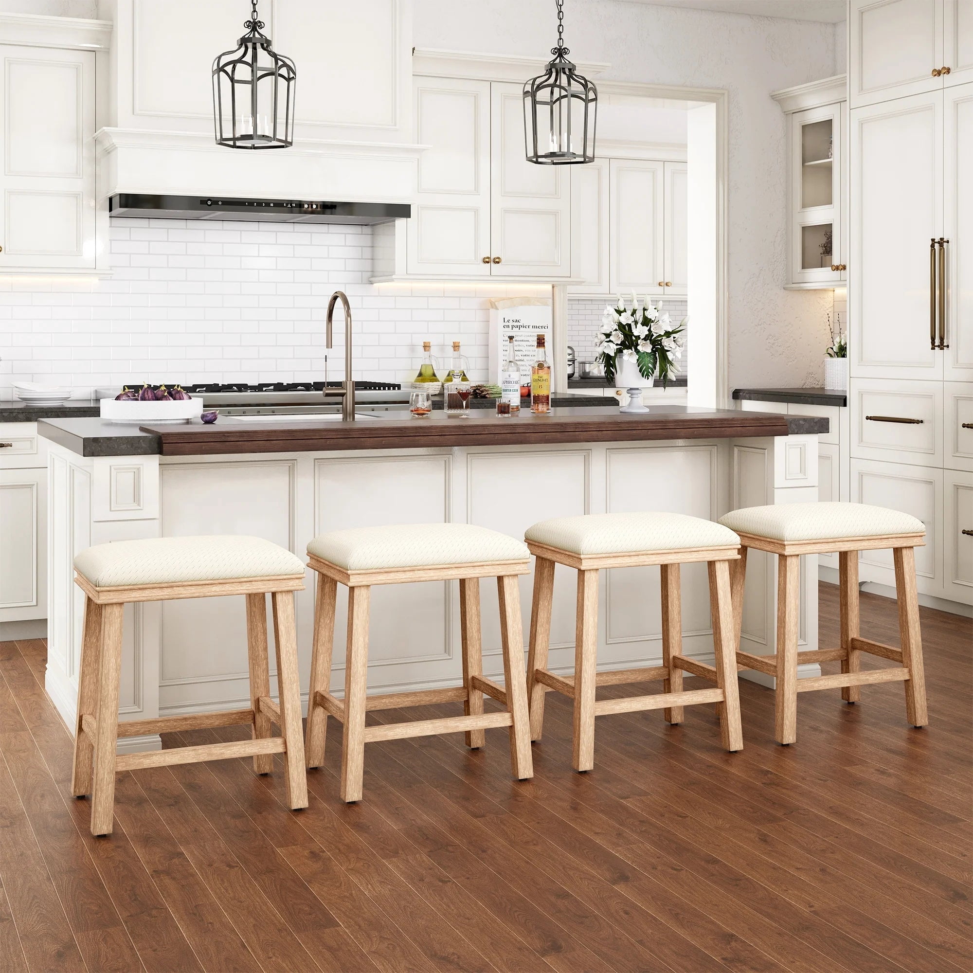 MF Studio 24" Counter Height Bar Stool Set of 4, PU Leather Padded Seat with Solid Wood Legs, White