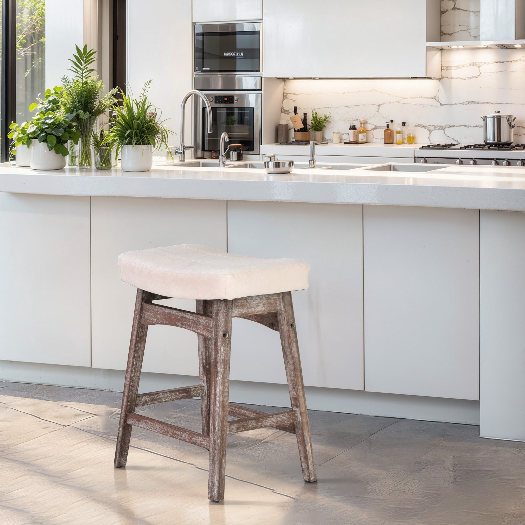 MF Studio 24" Counter Height Bar Stool, Upholstered Saddle Seat with Solid Wood Legs, White