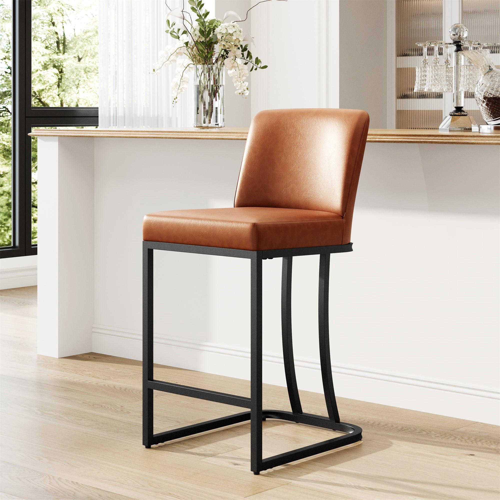 MF Studio 24" Counter Height Bar Stool with Back, Faux Leather Bar Chair for Kitchen Island, Brown