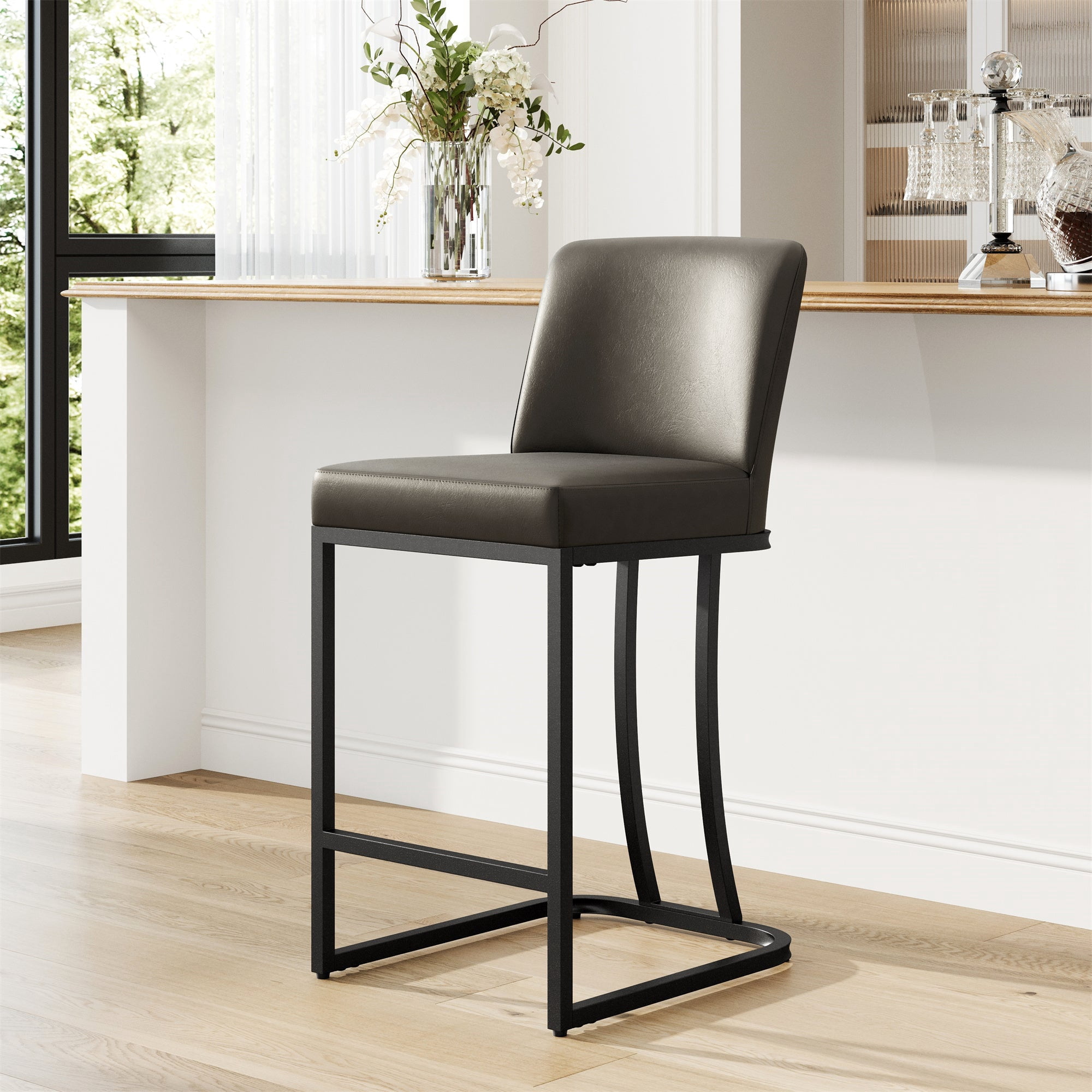 MF Studio 24" Counter Height Bar Stool with Back, Faux Leather Bar Chair for Kitchen Island, Dark Gray