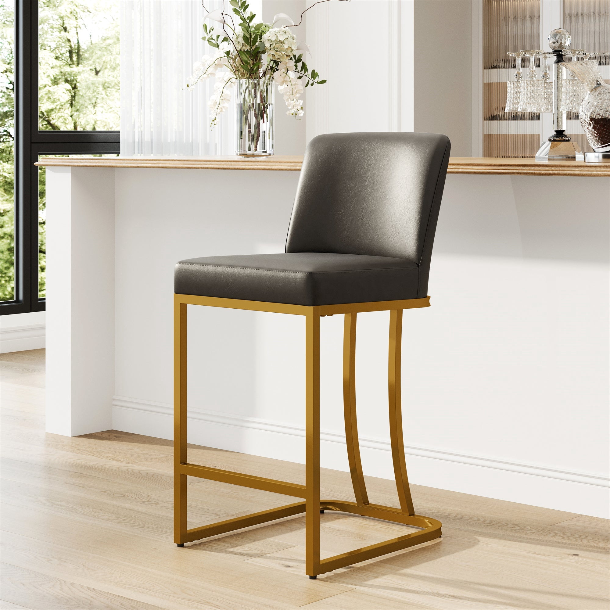 MF Studio 24" Counter Height Bar Stool with Back, Faux Leather Bar Chair for Kitchen Island, Gold & Dark Gray