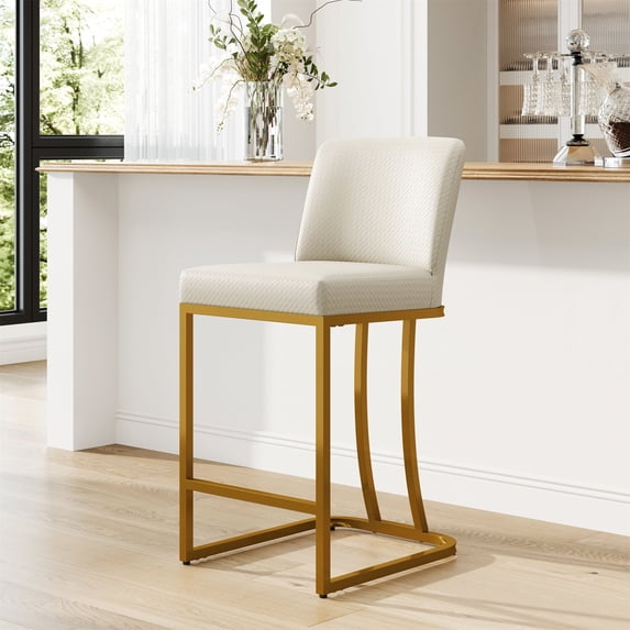 MF Studio 24" Counter Height Bar Stool with Back, Faux Leather Bar Chair for Kitchen Island, Gold & White