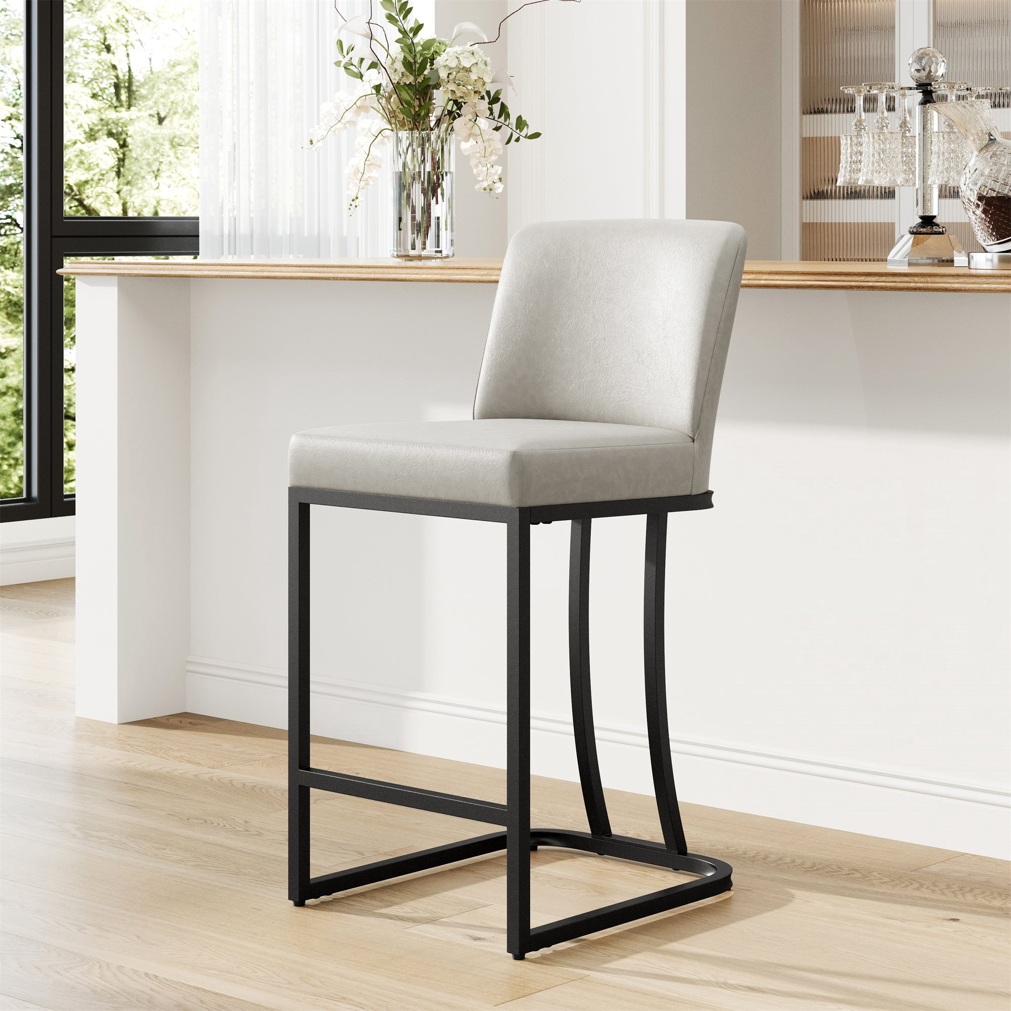 MF Studio 24" Counter Height Bar Stool with Back, Faux Leather Bar Chair for Kitchen Island, Light Gray