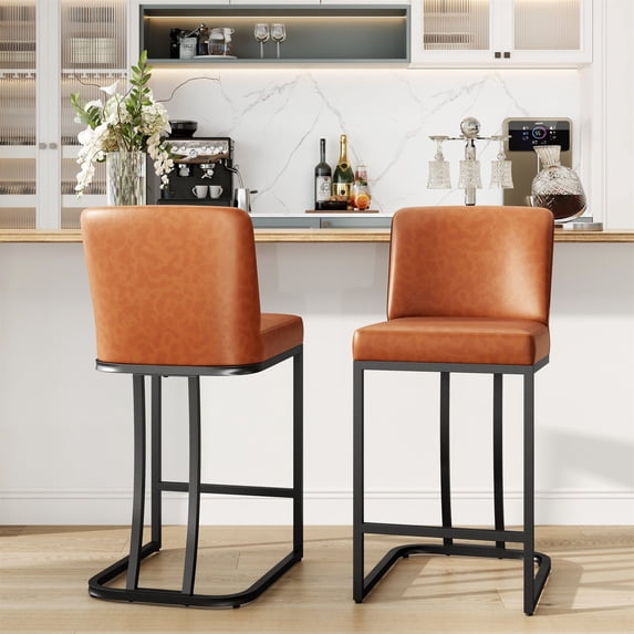 MF Studio 24" Counter Height Bar Stool with Back Set of 2, Faux Leather Bar Chair for Kitchen Island, Brown