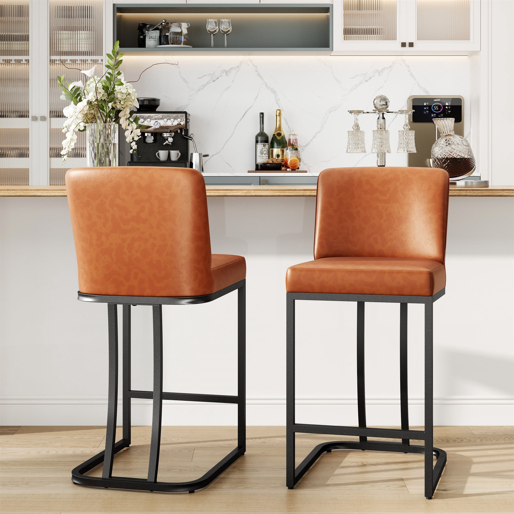 MF Studio 24" Counter Height Bar Stool with Back Set of 2, Faux Leather Bar Chair for Kitchen Island, Dark Gray