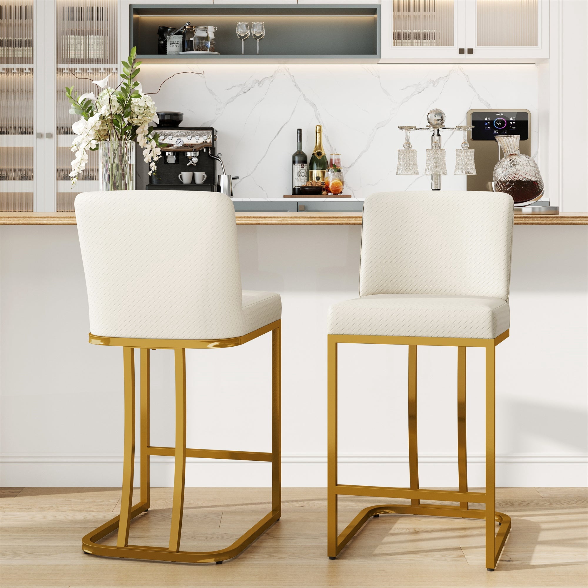 MF Studio 24" Counter Height Bar Stool with Back Set of 2, Faux Leather Bar Chair for Kitchen Island, Gold & White