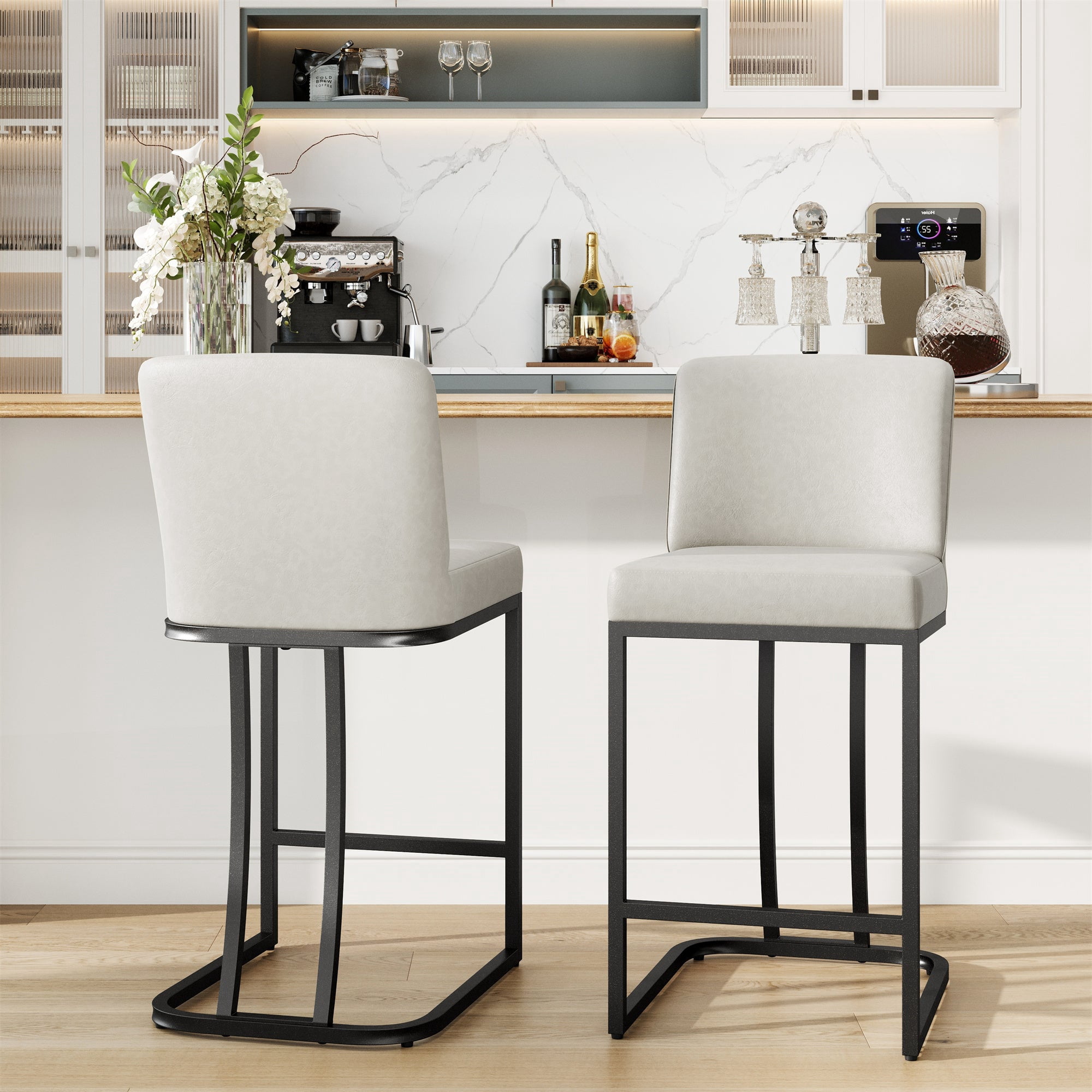 MF Studio 24" Counter Height Bar Stool with Back Set of 2, Faux Leather Bar Chair for Kitchen Island, Light Gray