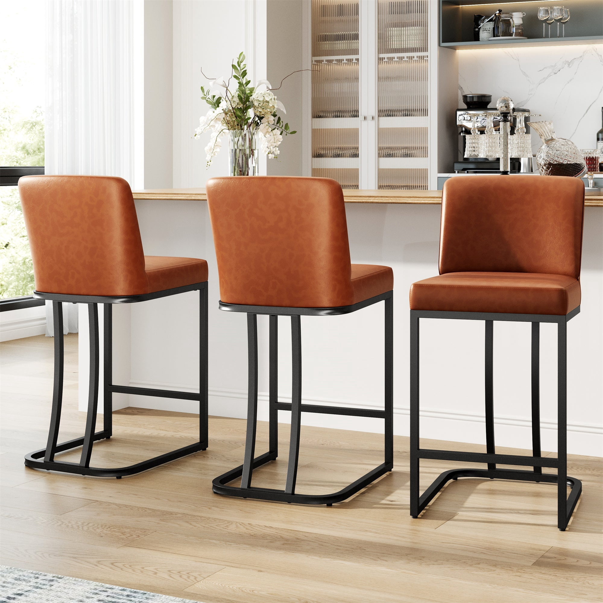 MF Studio 24" Counter Height Bar Stool with Back Set of 3, Faux Leather Bar Chair for Kitchen Island, Brown