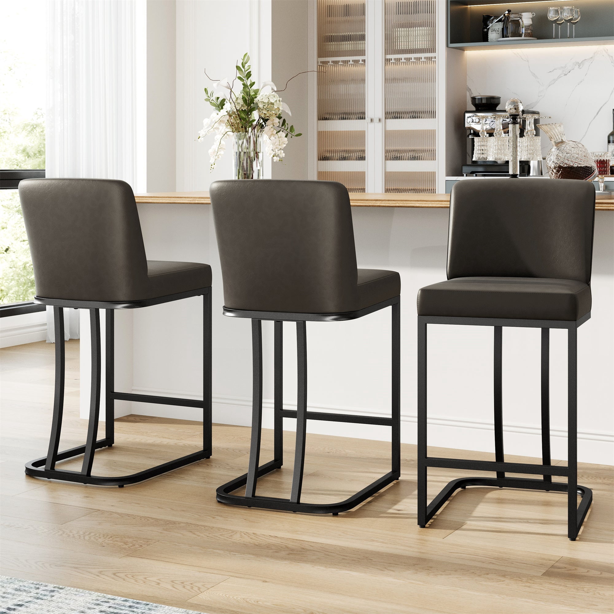 MF Studio 24" Counter Height Bar Stool with Back Set of 3, Faux Leather Bar Chair for Kitchen Island, Dark Gray