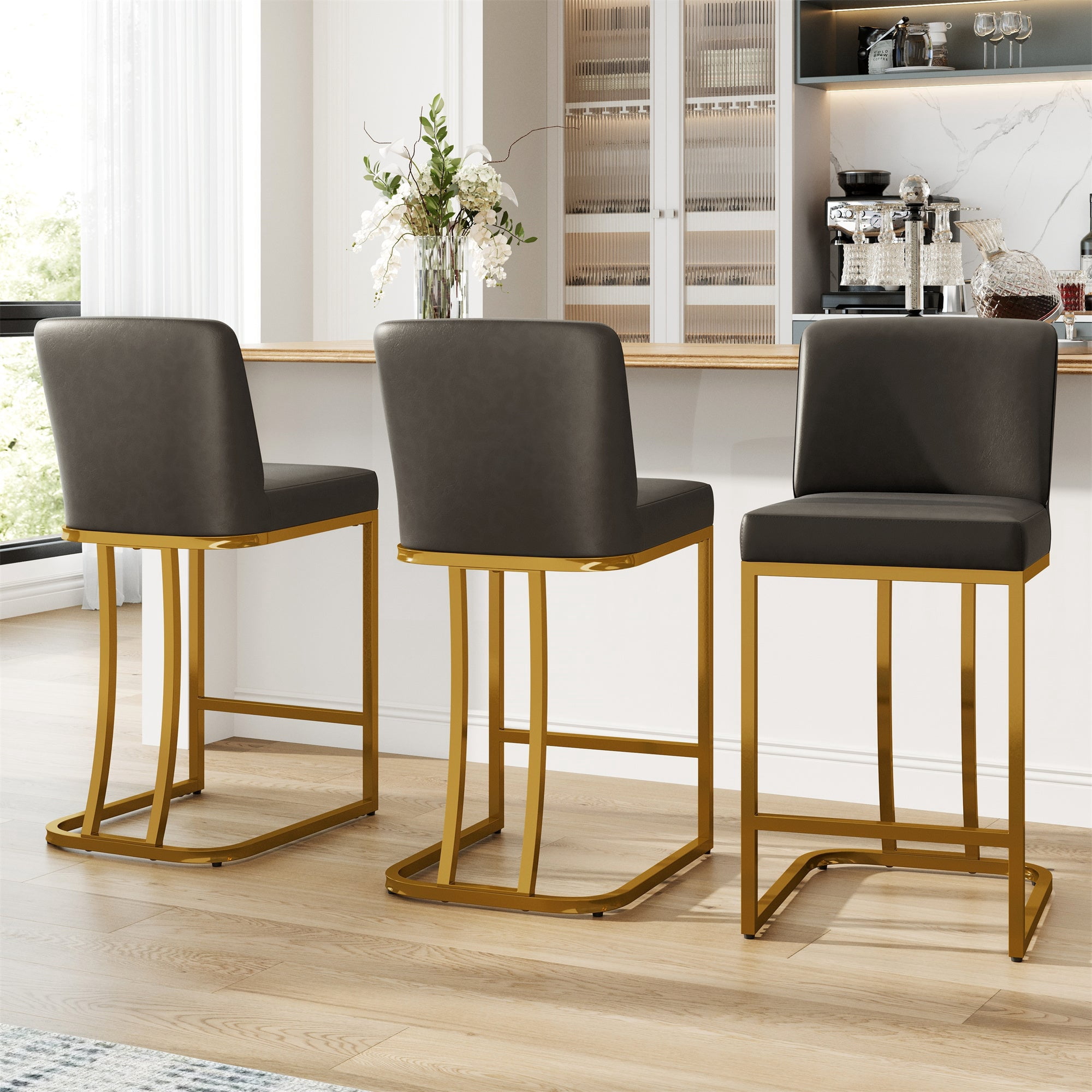 MF Studio 24" Counter Height Bar Stool with Back Set of 3, Faux Leather Bar Chair for Kitchen Island, Gold & Dark Gray