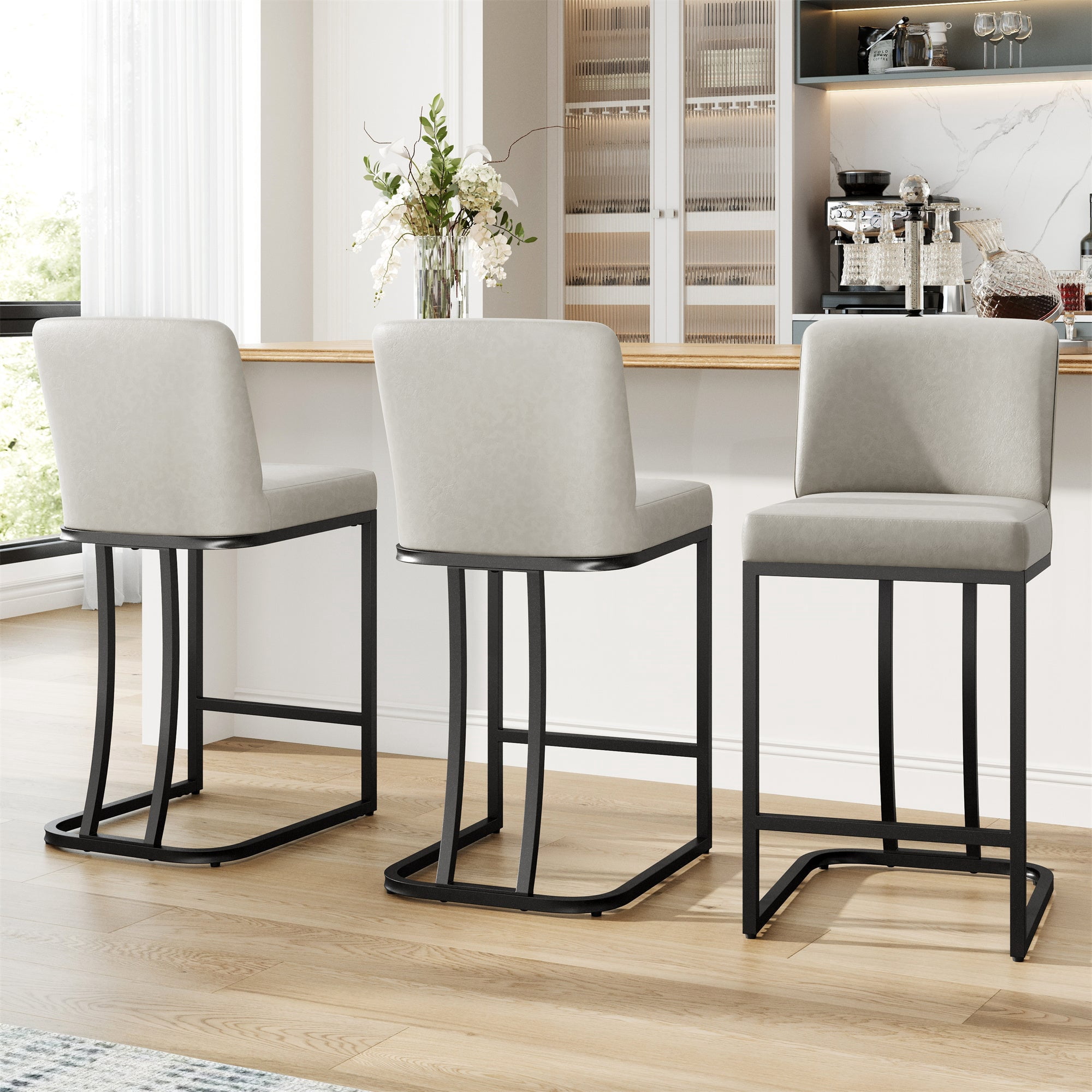 MF Studio 24" Counter Height Bar Stool with Back Set of 3, Faux Leather Bar Chair for Kitchen Island, Light Gray