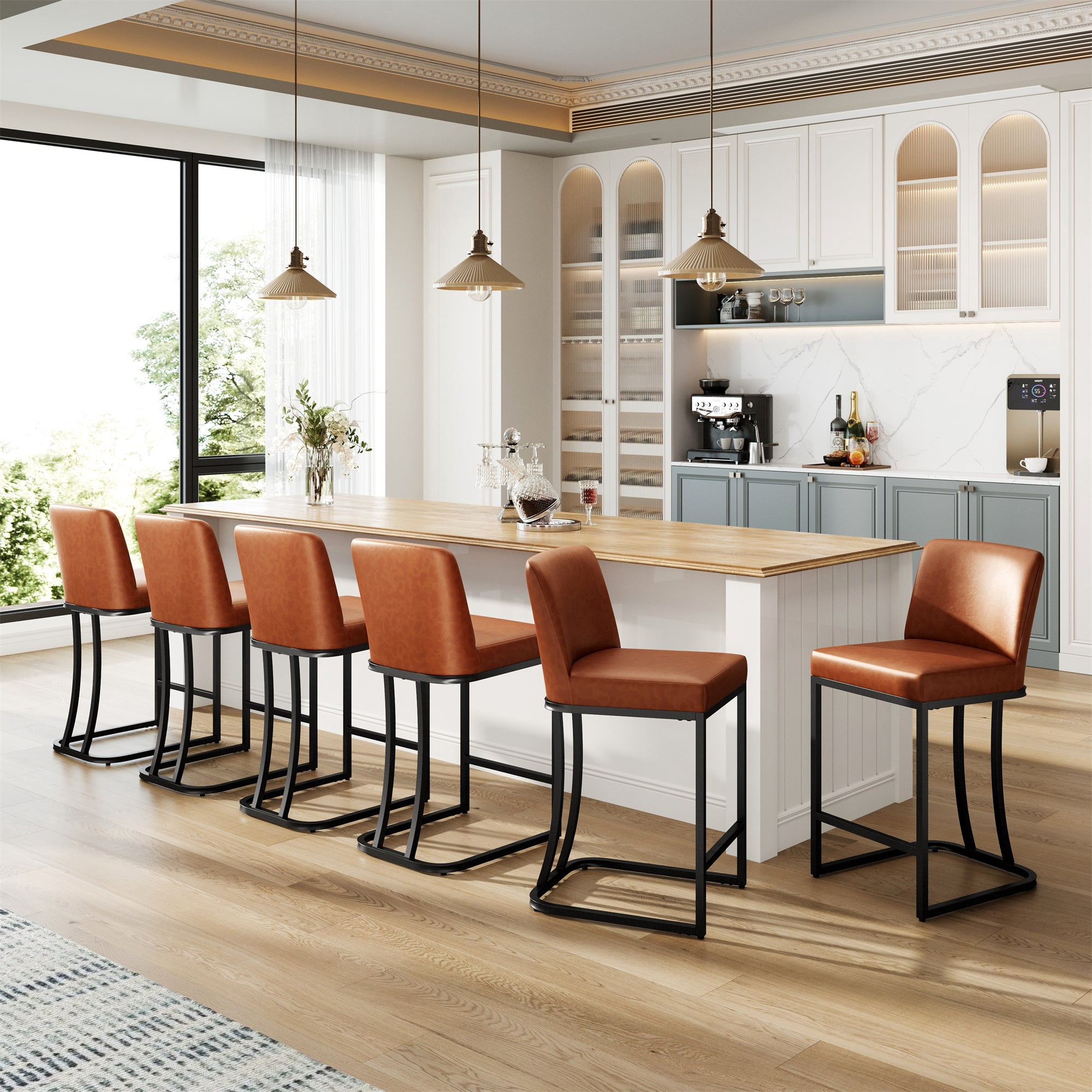 MF Studio 24" Counter Height Bar Stool with Back Set of 6, Faux Leather Bar Chair for Kitchen Island, Brown