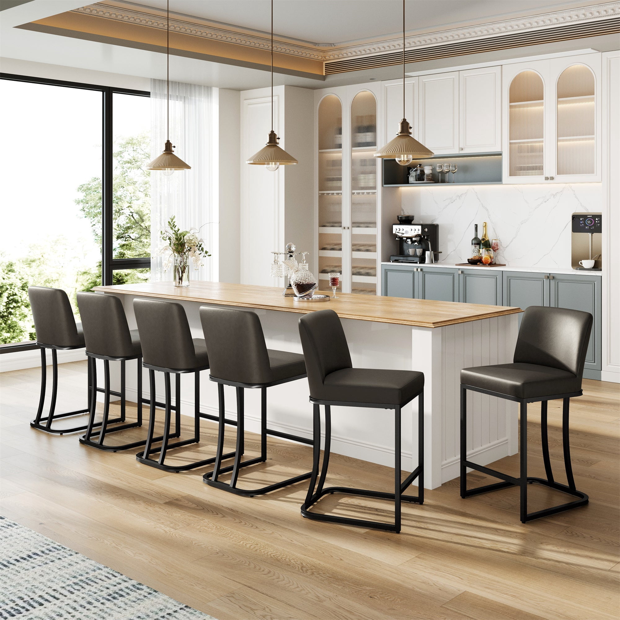 MF Studio 24" Counter Height Bar Stool with Back Set of 6, Faux Leather Bar Chair for Kitchen Island, Dark Gray