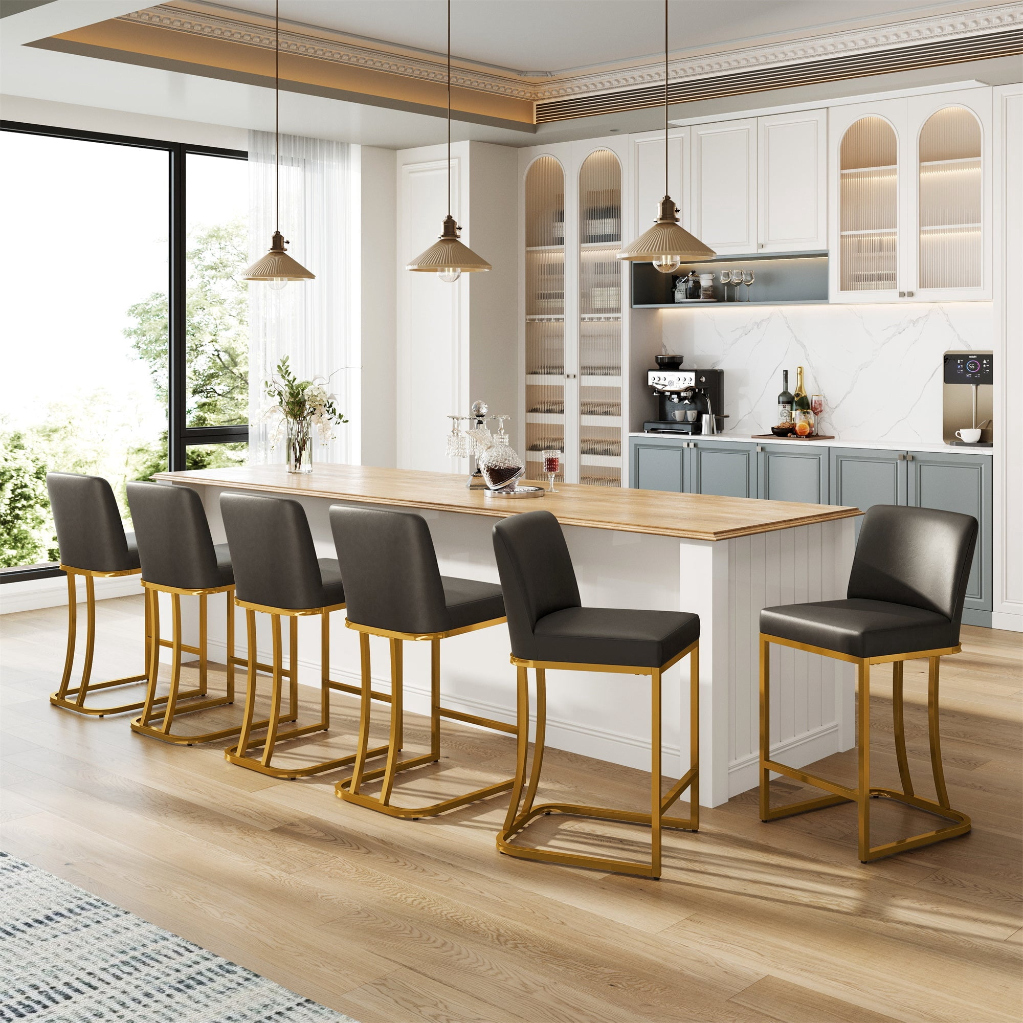 MF Studio 24" Counter Height Bar Stool with Back Set of 6, Faux Leather Bar Chair for Kitchen Island, Gold & Dark Gray