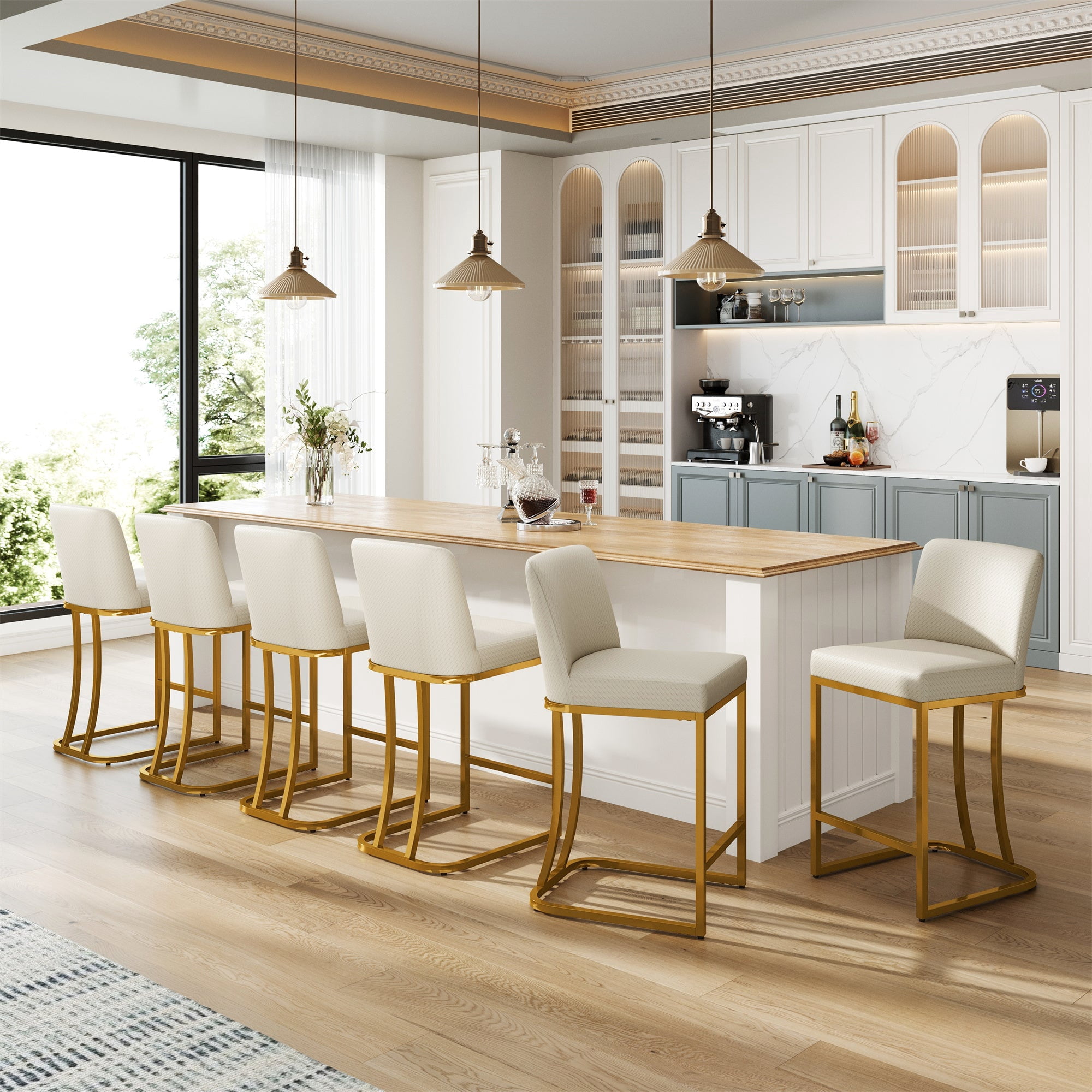 MF Studio 24" Counter Height Bar Stool with Back Set of 6, Faux Leather Bar Chair for Kitchen Island, Gold & White