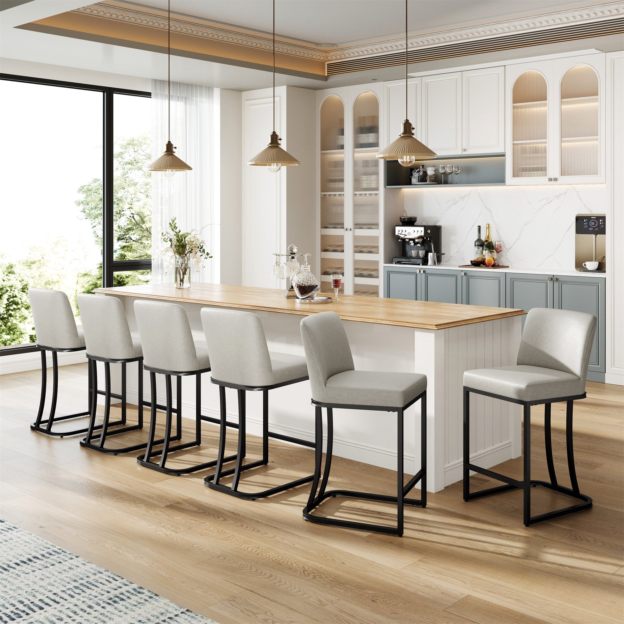 MF Studio 24" Counter Height Bar Stool with Back Set of 6, Faux Leather Bar Chair for Kitchen Island, Light Gray