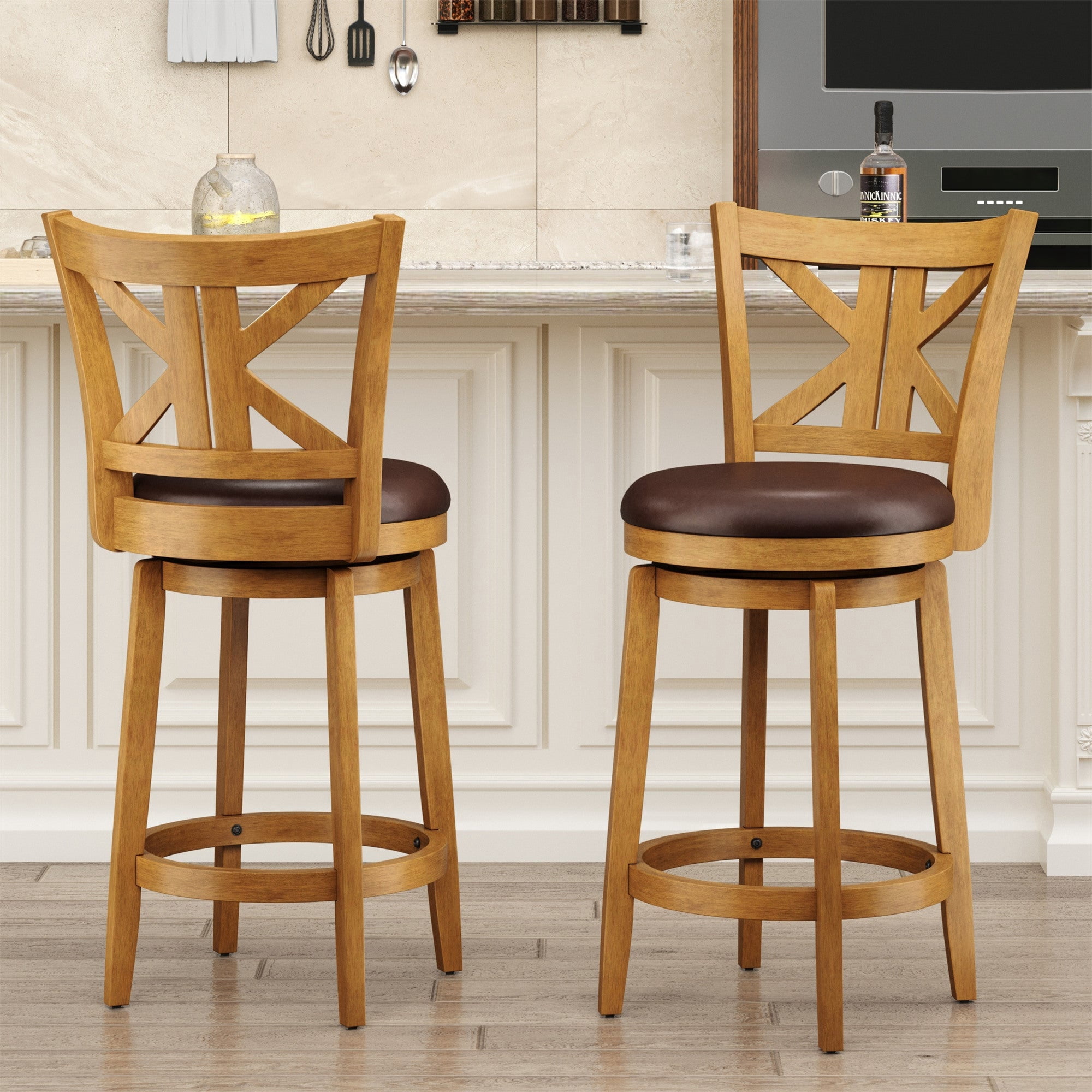 MF Studio 26" Counter Height Bar Stool with Back Set of 2, Wood Swivel Bar Stool with K-Shaped Back & Extra Large Seat, Teak Color