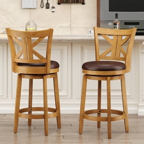 MF Studio 26" Counter Height Bar Stool with Back Set of 2, Wood Swivel Bar Stool with K-Shaped Back & Extra Large Seat, Teak Color