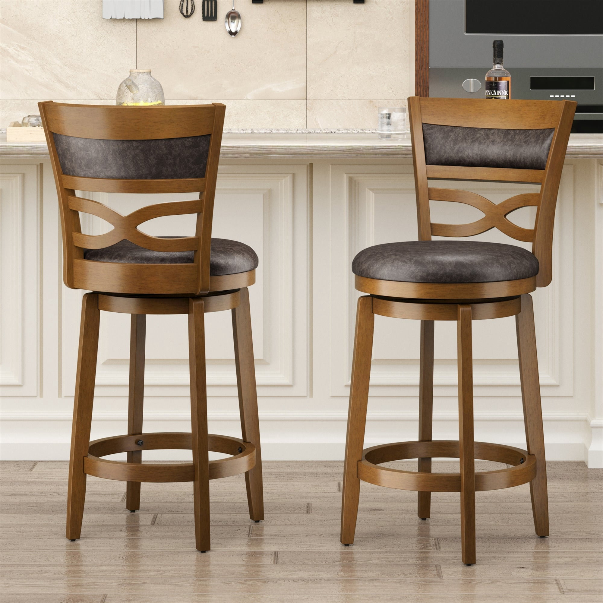 MF Studio 26" Counter Height Bar Stool with Back Set of 2, Wood Swivel Bar Stool with Thick Upholstery Back & Extra Large Seat, Jacobean