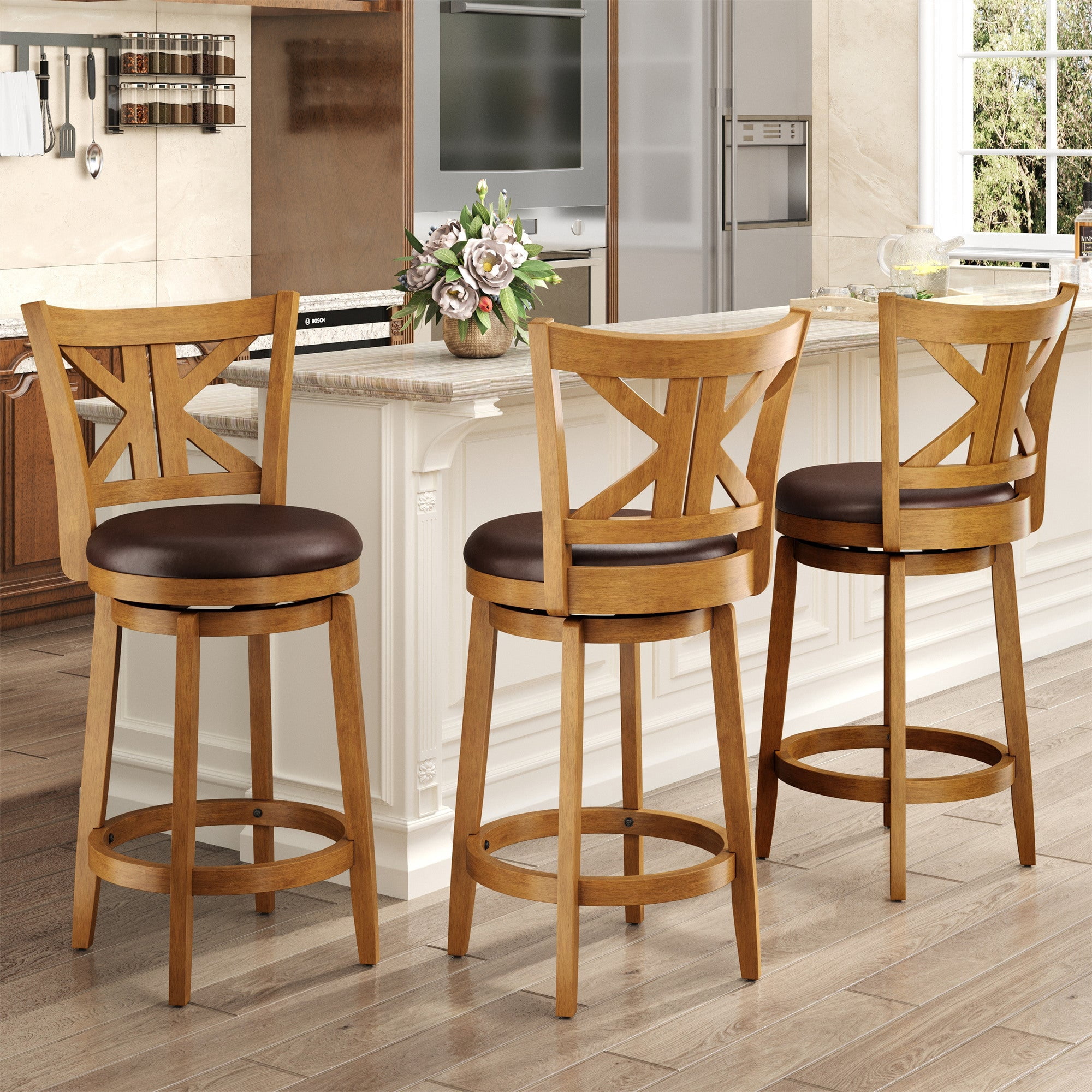 MF Studio 26" Counter Height Bar Stool with Back Set of 3, Wood Swivel Bar Stool with K-Shaped Back & Extra Large Seat, Teak Color