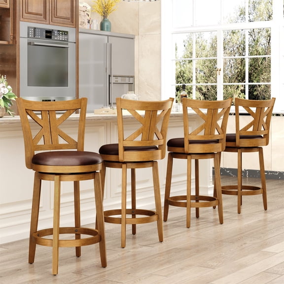 MF Studio 26" Counter Height Bar Stool with Back Set of 4, Wood Swivel Bar Stool with K-Shaped Back & Extra Large Seat, Teak Color