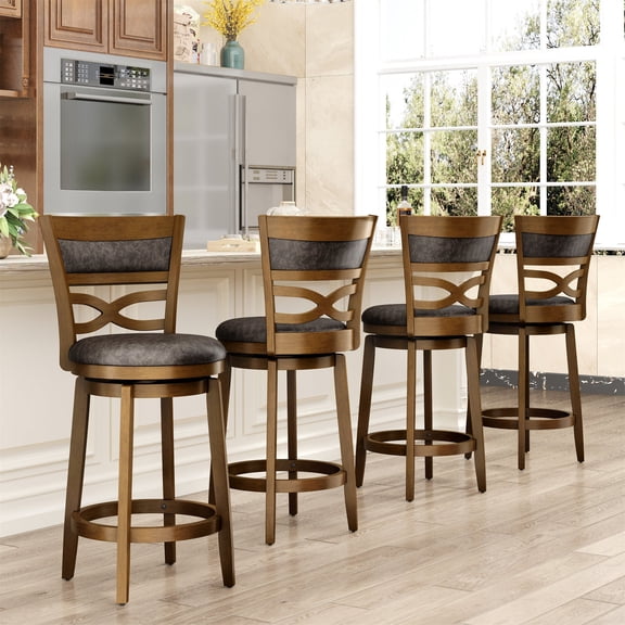 MF Studio 26" Counter Height Bar Stool with Back Set of 4, Wood Swivel Bar Stool with Thick Upholstery Back & Extra Large Seat, Jacobean