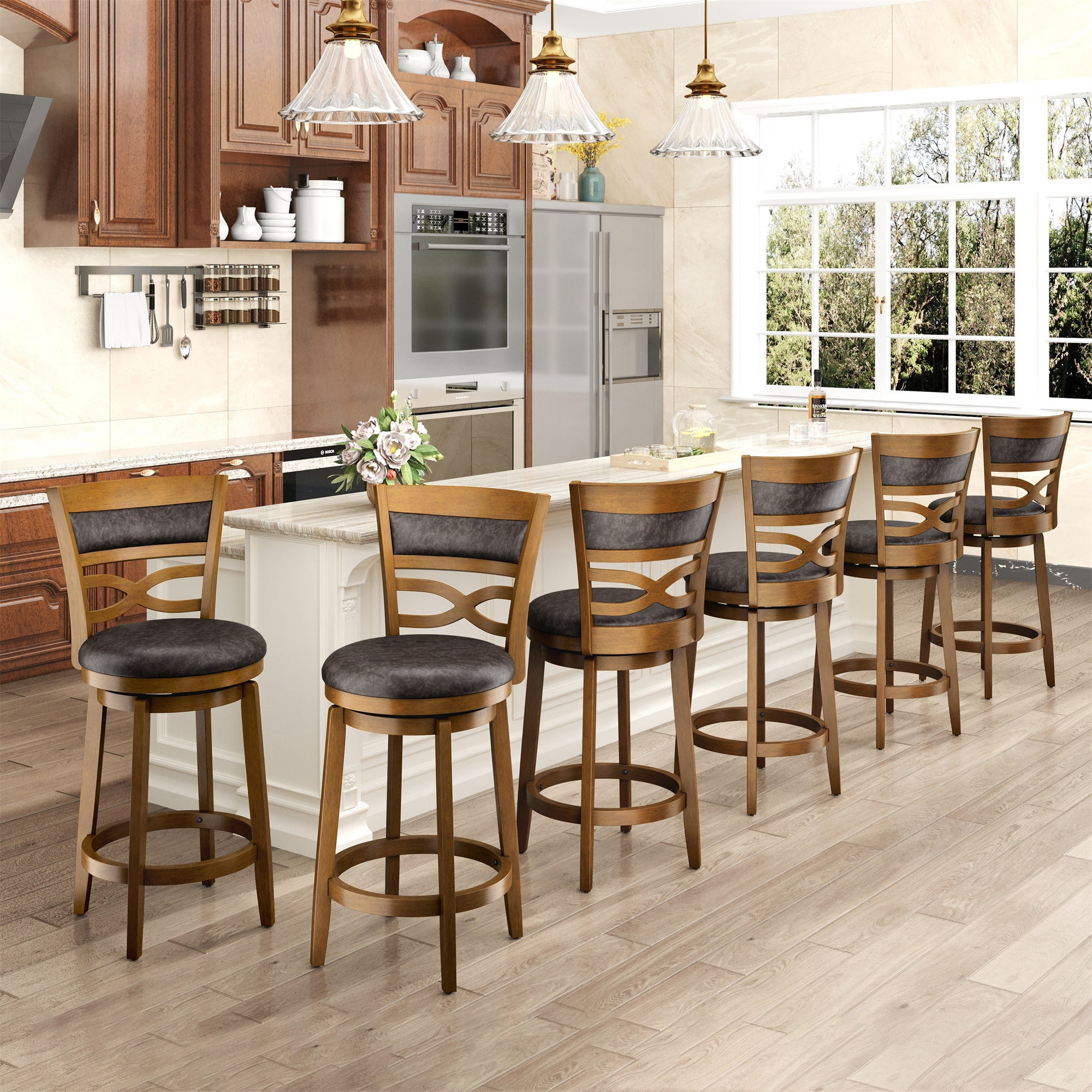 MF Studio 26" Counter Height Bar Stool with Back Set of 6, Wood Swivel Bar Stool with Thick Upholstery Back & Extra Large Seat, Jacobean