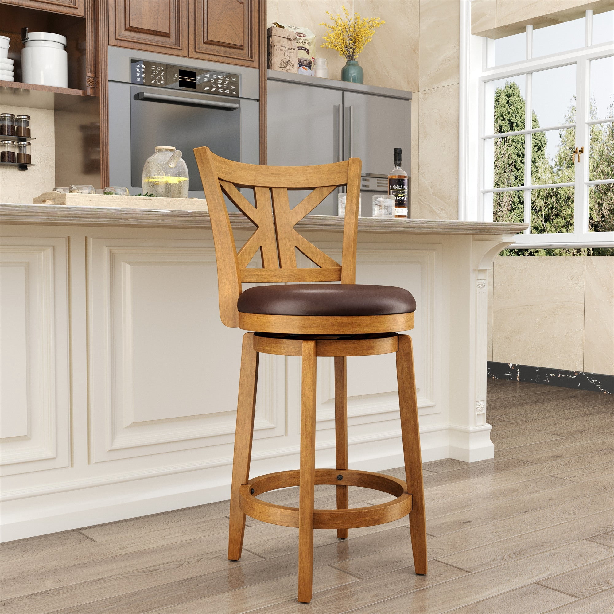 MF Studio 26" Counter Height Bar Stool with Back, Wood Swivel Bar Stool with K-Shaped Back & Extra Large Seat, Teak Color