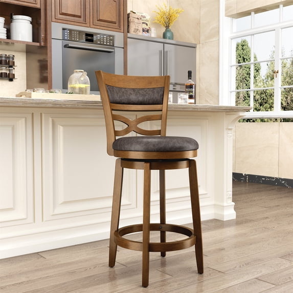 MF Studio 26" Counter Height Bar Stool with Back, Wood Swivel Bar Stool with Thick Upholstery Back & Extra Large Seat, Jacobean