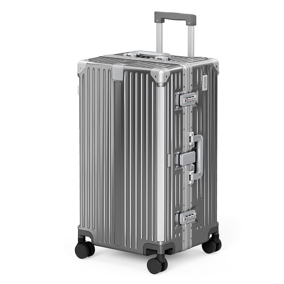 MF Studio 26 Inch Checked Trunk Luggage, Lightweight Zipperless PC Hardshell Suitcase with Aluminum Frame, TSA Locks, Spinner Wheels, USB Charging Port, Dark Gray