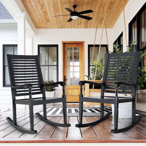 SUMMIT LIVING Acacia Wood Outdoor Patio Rocking Chair Set of 2, Front Porch Chairs for Patio, Garden, Deck, Yard, Poolside, Wood Rocker for Outdoor and Indoor, Black
