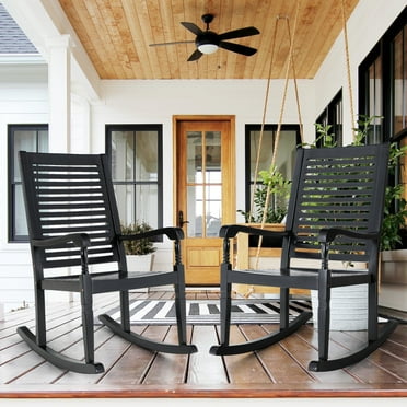 MF Studio Black Outdoor Patio Acacia Wood Rocking Chair Set of 2, 30° Safe Recline, 350 LBS Capacity