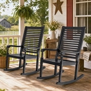 SUMMIT LIVING Acacia Wood Outdoor Patio Rocking Chair Set of 2, Front Porch Chairs for Patio, Garden, Deck, Yard, Poolside, Wood Rocker for Outdoor and Indoor, Black