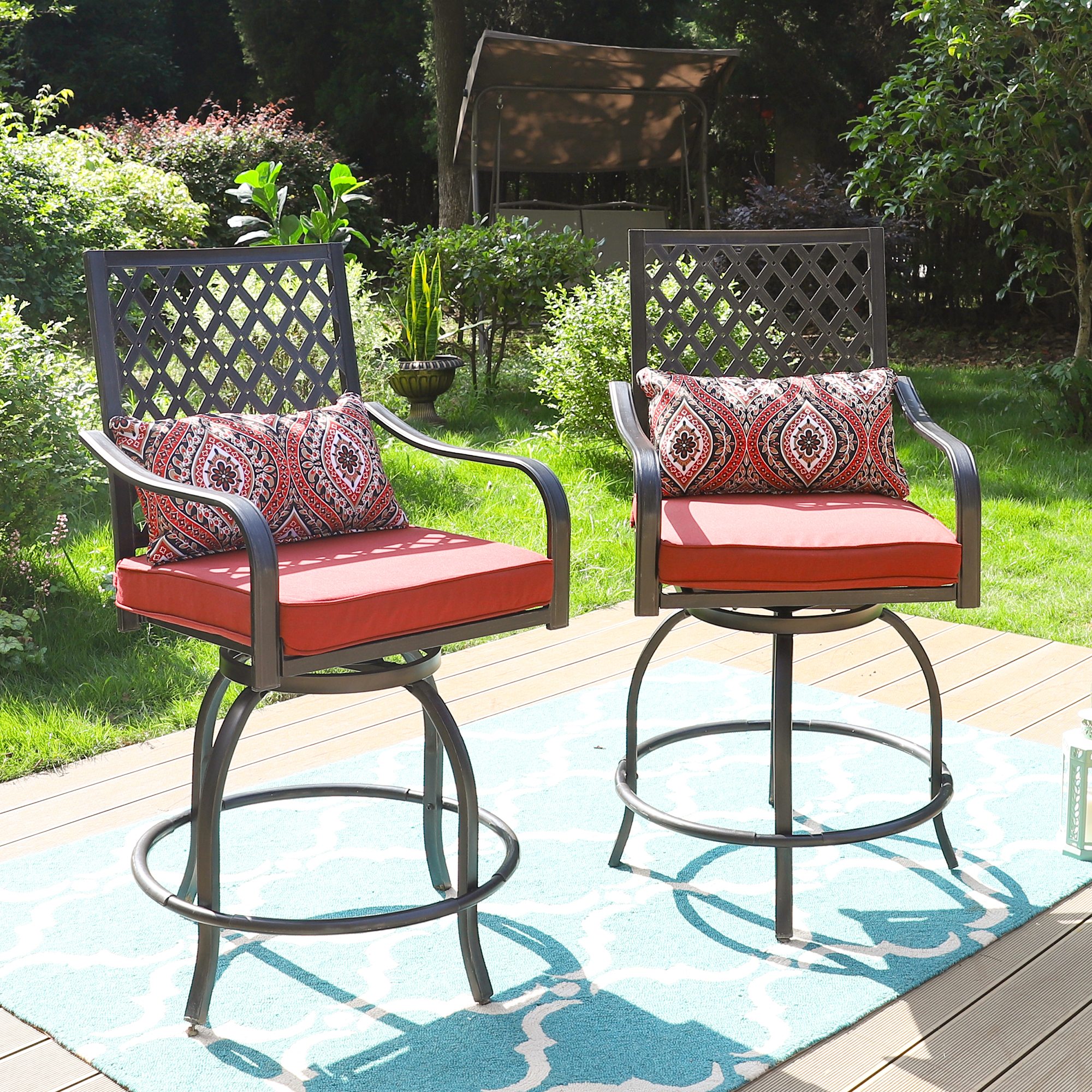 MF Studio 2PCS Patio Dining Chairs Outdoor Furniture Extra Wide Height Swivel Bar Stools Suitable for Patio, Garden, Porch and Dining Room with Red Cushion - image 1 of 6