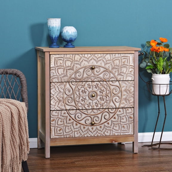 MF Studio 3-Drawer Dresser Accent Cabinet Chest Washed Wood Finish with Carved Pattern, Brown & White